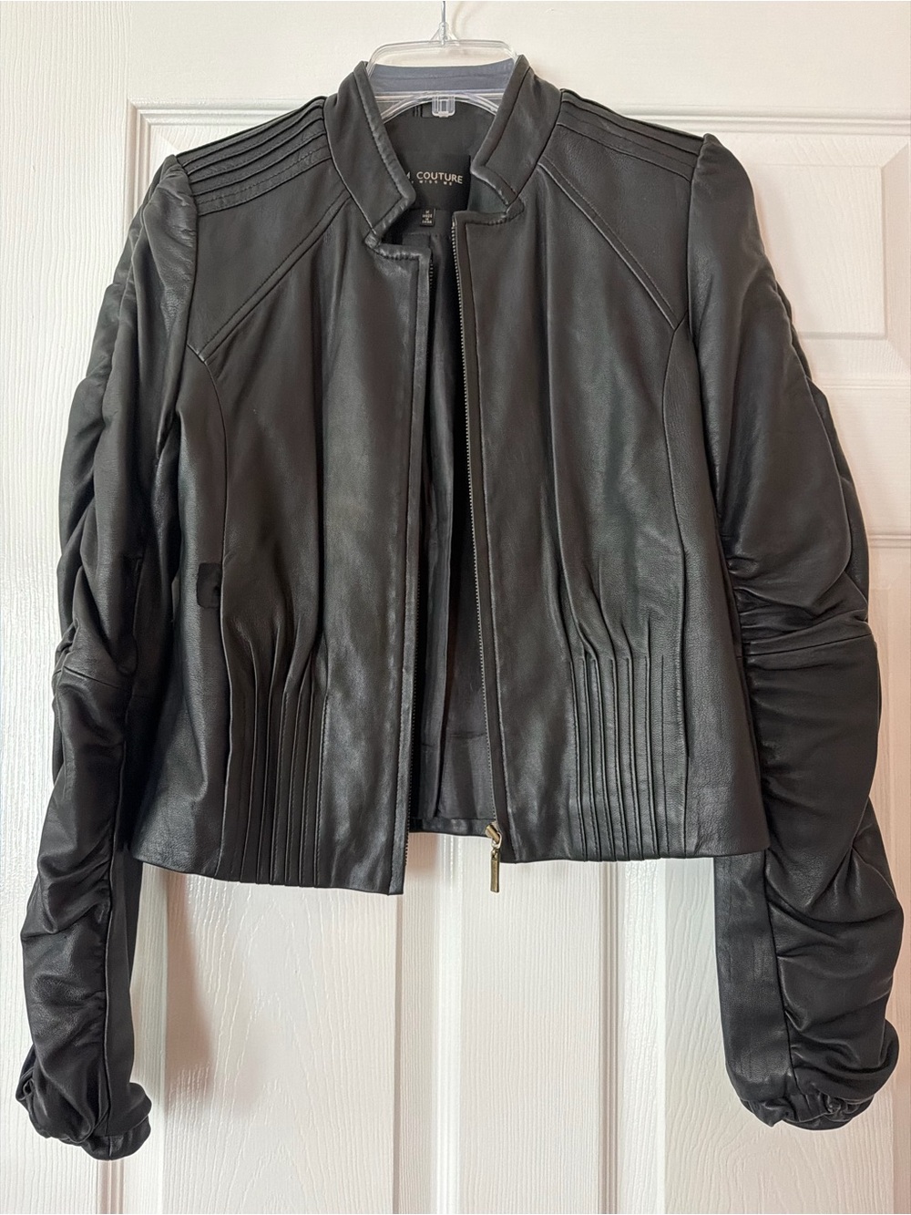 MM Couture Black Ruched-Sleeve Leather Jacket